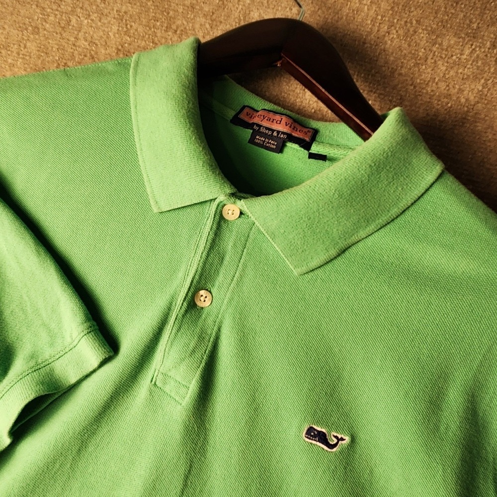 Vineyard Vines Polo Shirt Mens L Green Green Short Sleeve Pique Whale Logo